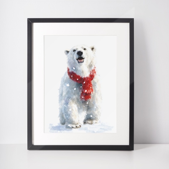 Watercolor Polar Bear with Red Scarf Portrait Wall Art Print Poster, Unframed - Picture 3 of 6